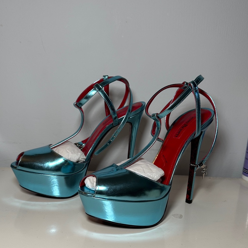 Cesare Paciotti Shiny Teal Platform Heels
